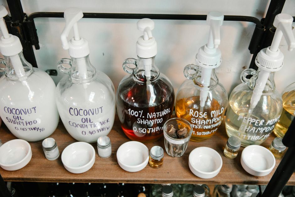 scalp care hair treatment products arranged on shelf