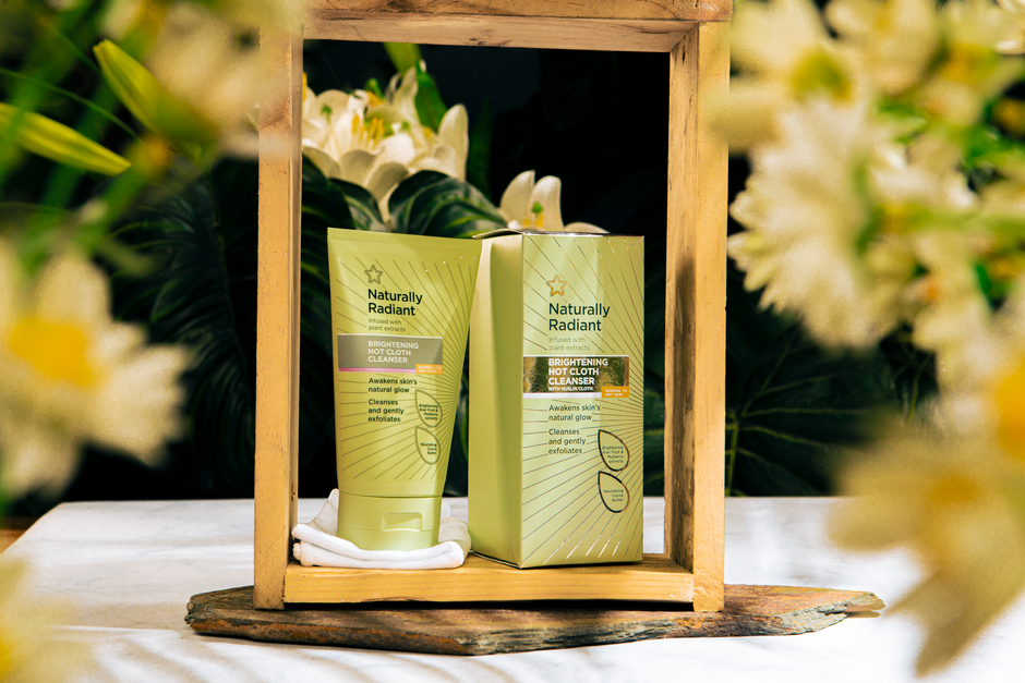 Skincare products arranged on a bathroom counter