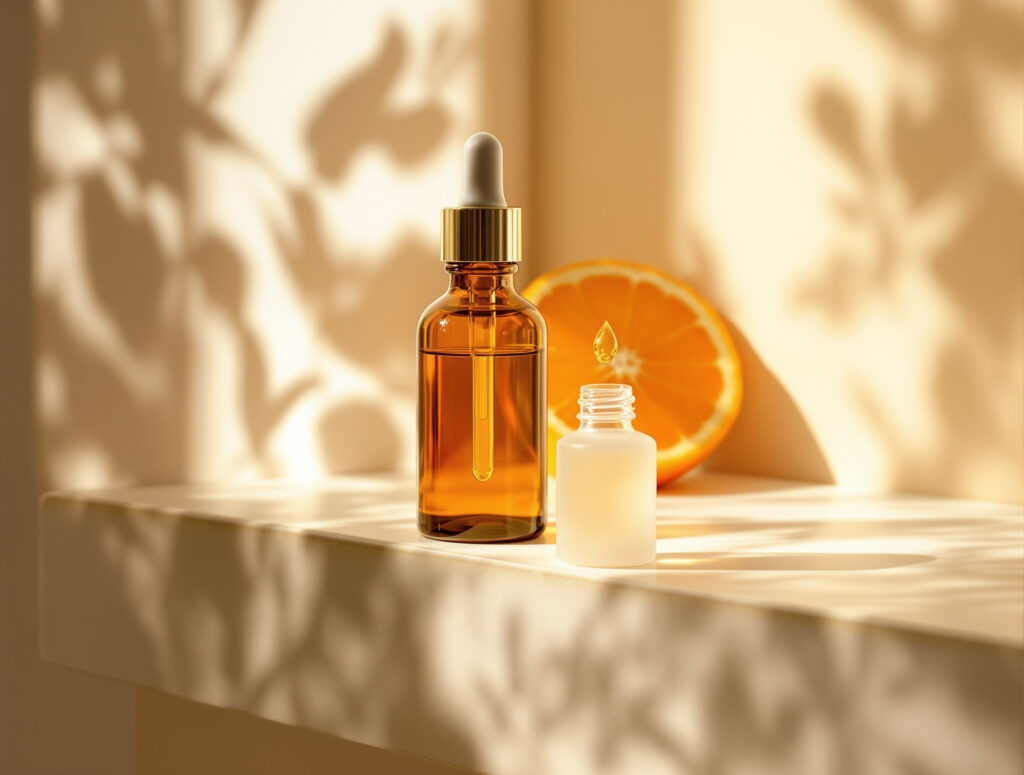 Amber glass dropper bottle of vitamin C serum on a travertine ledge in soft morning light